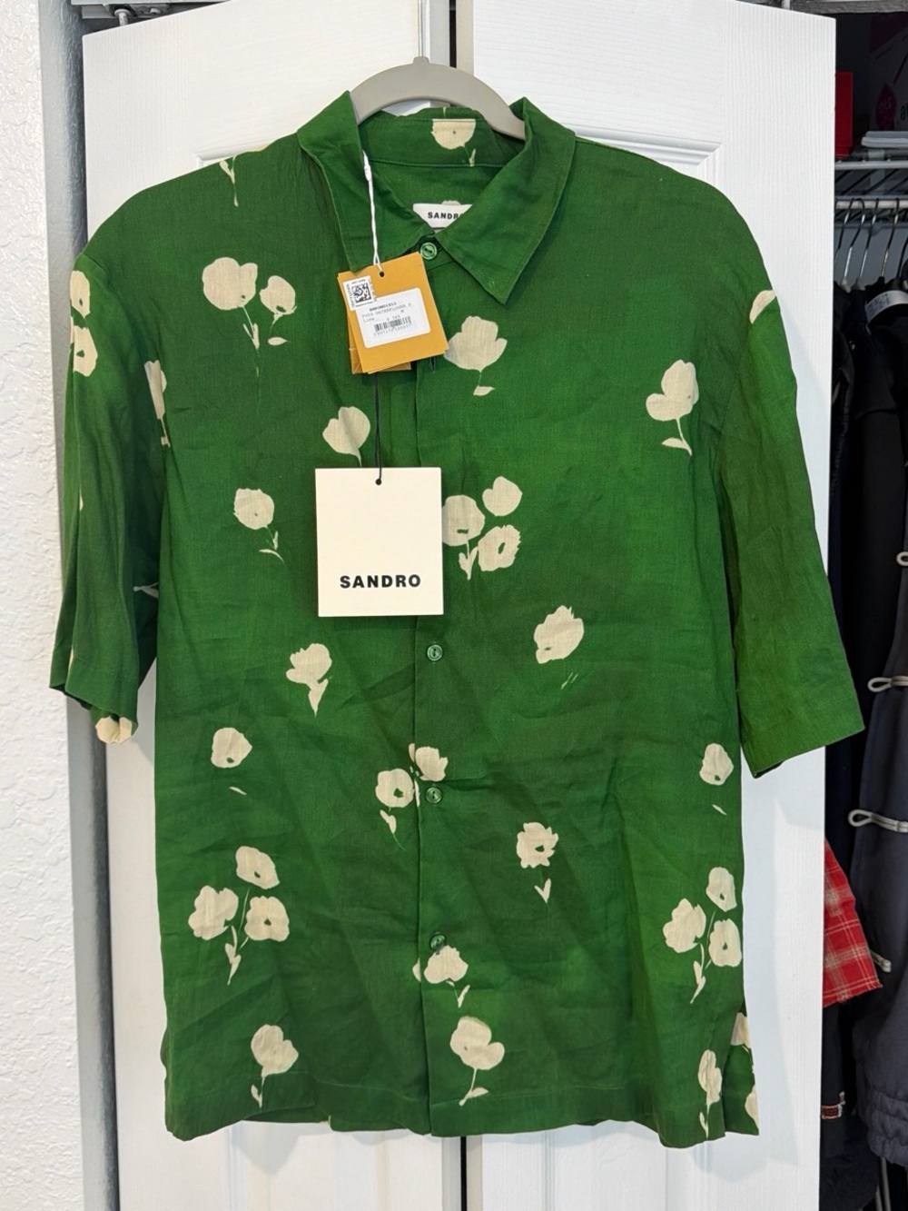 Sandro Green Short-Sleeve Button-Up with Cream Floral Print